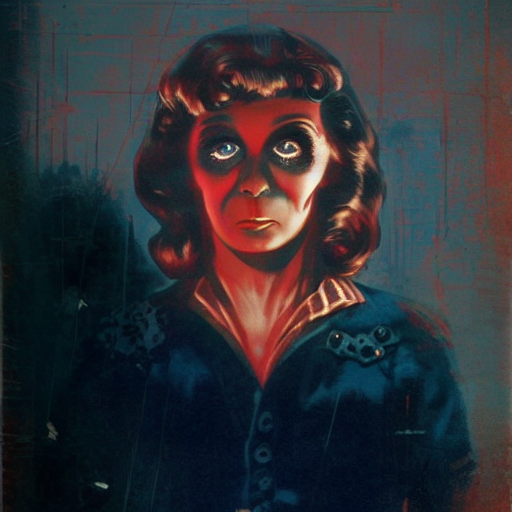 Creepy 1940s-era woman with sunken eyes and cheeks, cartoonish, AI generated